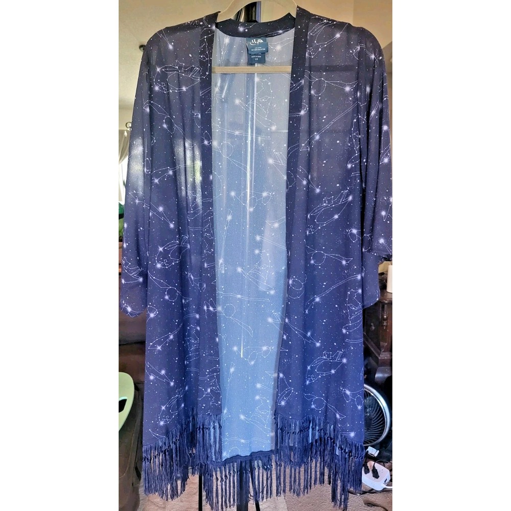 Hot Topic Blue Sheer Kimono Celestial Stars Cover Up Duster Indie Artsy Festival